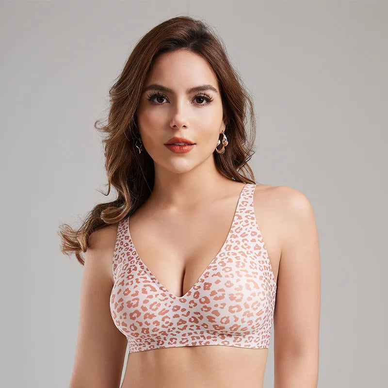 Leopard Print Deep V Seamless Wire-free Everyday Bra Comfortable and Breathable Full Cup Support Pink Leopard Print Bra Sostén