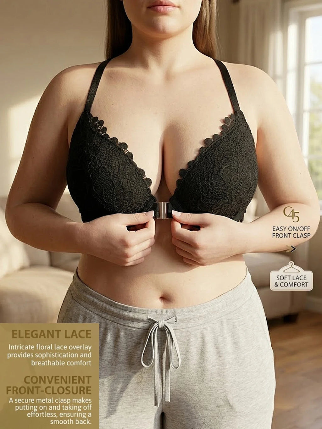 Plus Size Women's Floral Lace Push Up Bra Lace Backless Underwear with Underwire Side Support Minimizer Comfortable Lingerie
