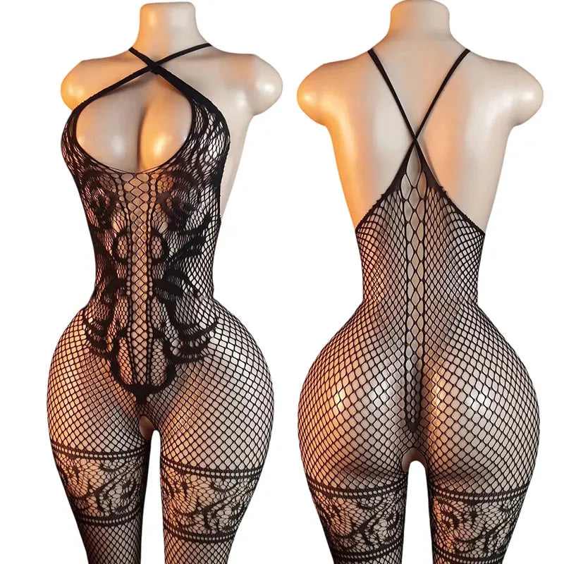 Sexy Fishnet Hollow Lingerie Sets Women Exposed Breast Crotchless Bodystockings See Through Erotic Open Bras Underwear BodySuits