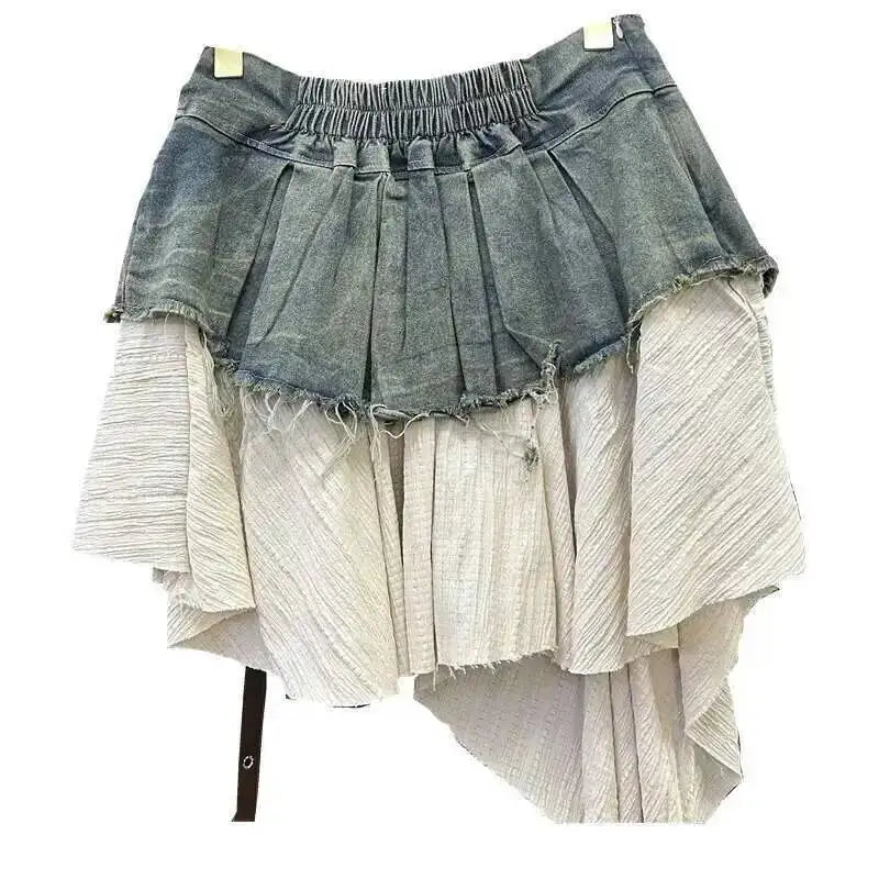 Retro Spliced Denim Pleated Skirt For Women Summer New Temperament Hot Girl Fashionable High Waist A-line Skirt Fashion AS1C