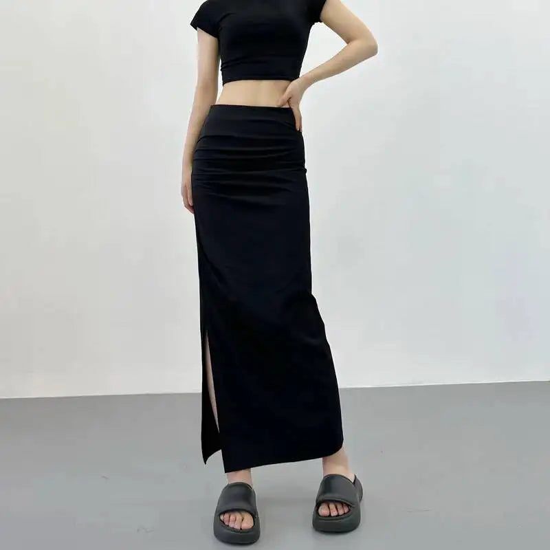 2026 New Pleated Side High Slit Half Length Skirt Women's Summer Spicy Girl Pure Desire Slim Wrap Hip Solid A-line Skirt 7MHN