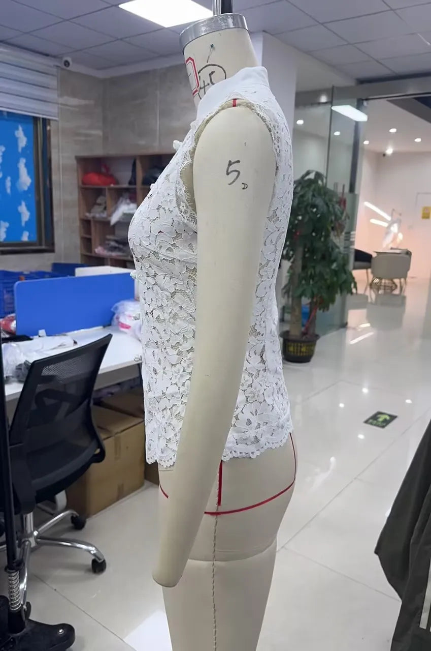 Y2K Aesthetic Solid Color Lace Crop Top Sleeveless Chinese Frog Button Vest Women's Summer Party Streetwear