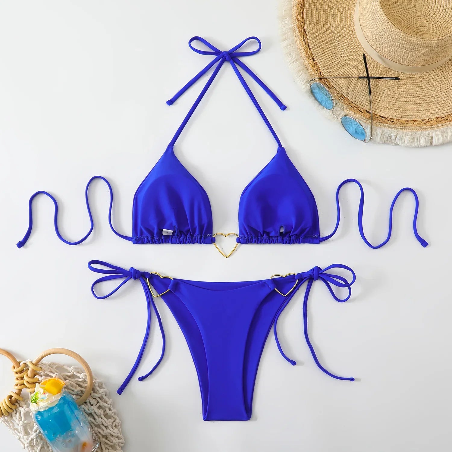 Sexy Metal Heart Ornament Bikini Set 2026 Women Blue Pink Halter Push Up Bra Thong Swimsuit Beach Bathing Suit Vacation Swimwear