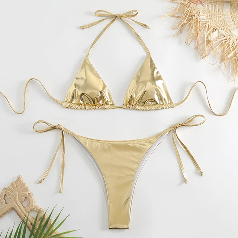 Sexy Brozing Gold Bikinis Sets Women Push Up Micro Bikini Swimsuit 2026 Brazilian Beach Bathing Suit Tie Side Triangle Swimwear