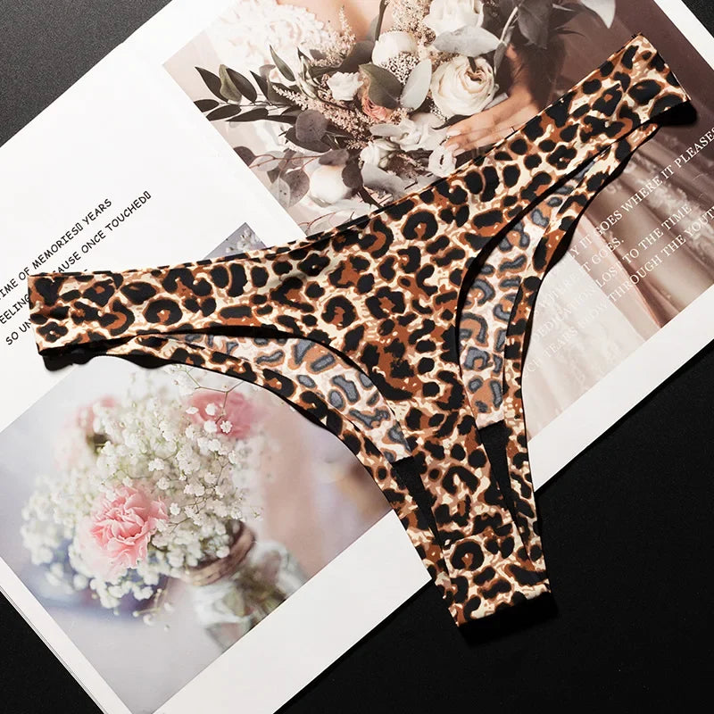 Ice Silk Leopard Women Panties Sexy G String Thong Seamless Underwear T Back Candy Color Girls Briefs Underpants Plus Size M-XXL