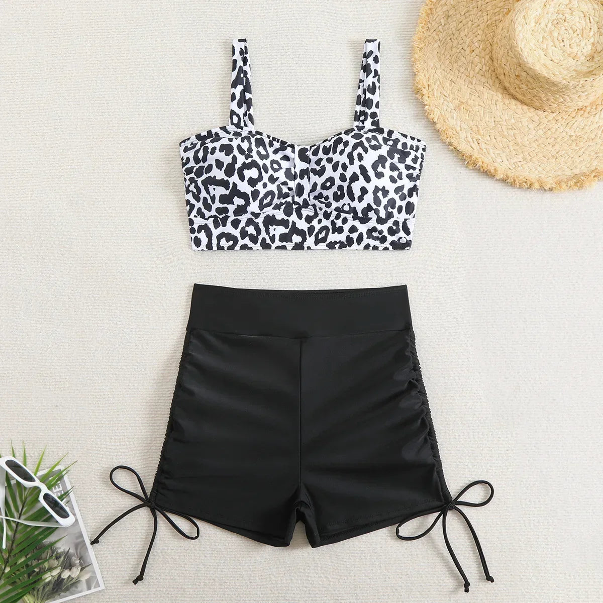 Vintage Black Leopard Print Bikini Set 2025 Women Drawstring Side High Waist Panties Swimsuit Bathing Suit Swimwear Beachwear