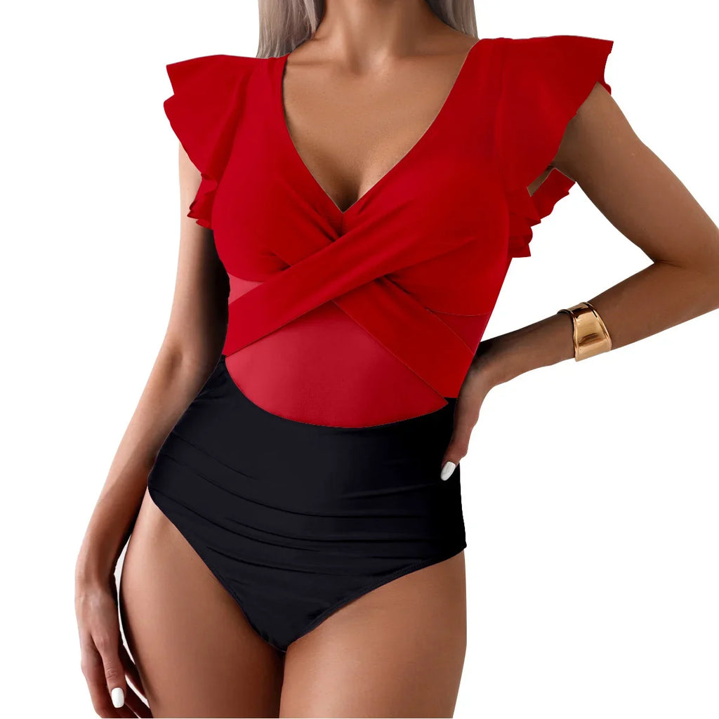 2026 Solid Women's Swimsuit Trend Tummy Control V Neck Sexy Black Bikini Ruched Bathing Suits Slim Fit Ruffle Sleeve Swimwear