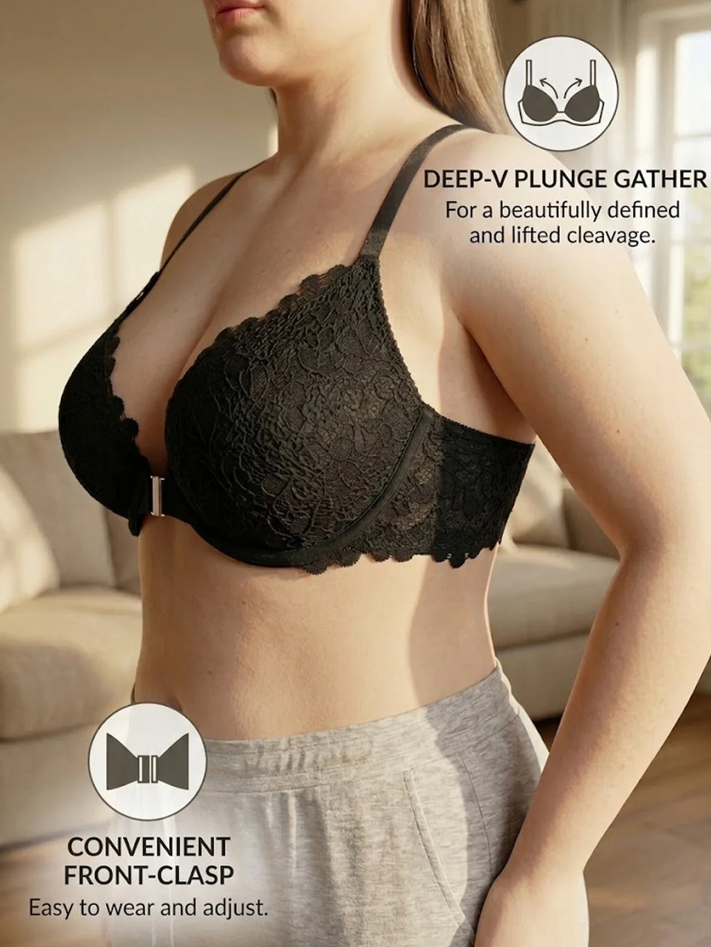 Plus Size Women's Floral Lace Push Up Bra Lace Backless Underwear with Underwire Side Support Minimizer Comfortable Lingerie