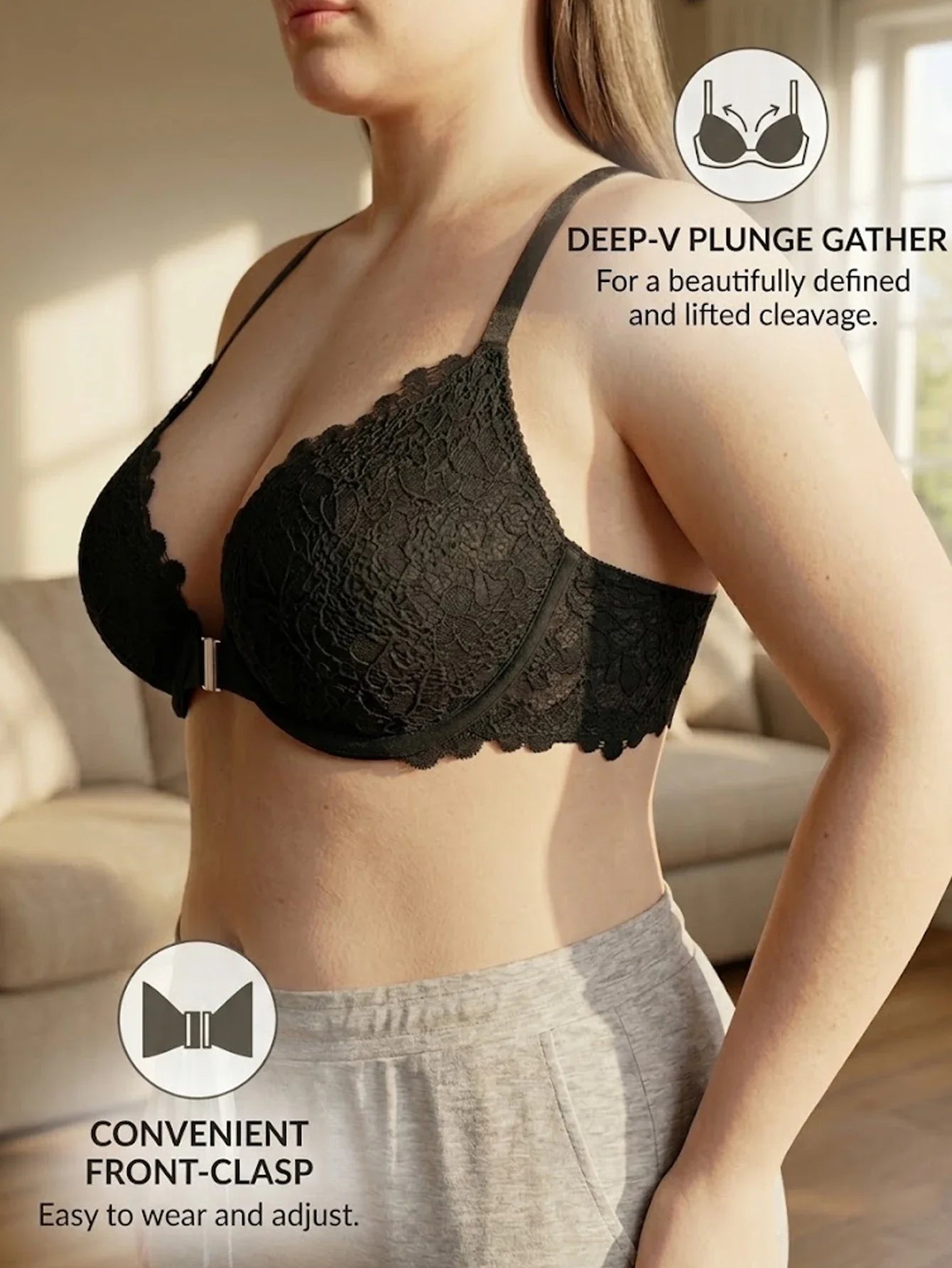 Plus Size Women's Floral Lace Push Up Bra Lace Backless Underwear with Underwire Side Support Minimizer Comfortable Lingerie