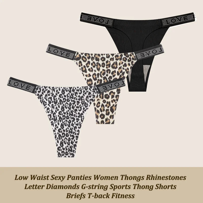 3Pcs/Set Low Waist Sexy Panties Women Thongs Rhinestones Letter Diamonds G-string Sports Thong Shorts Briefs T-back Size XS-XL