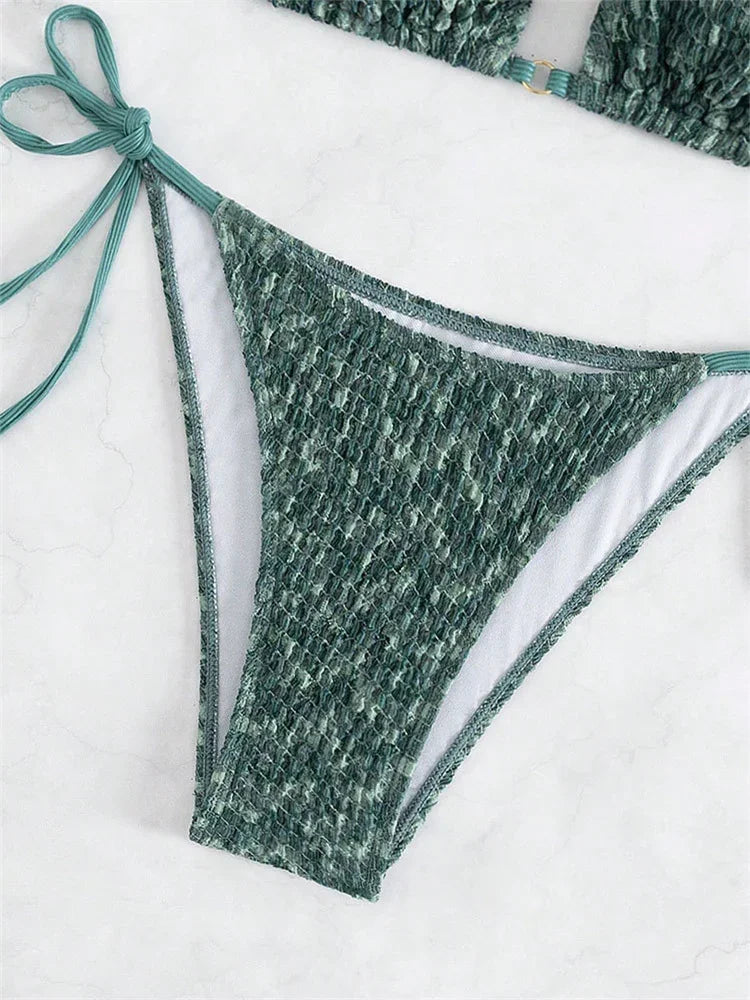 Sexy Green 2 Piece Bikinis Sets Women Halter Metal Stap Push Up Swimsuit 2024 Summer Lace Up Beach Bathing Suit Thong Swimwear