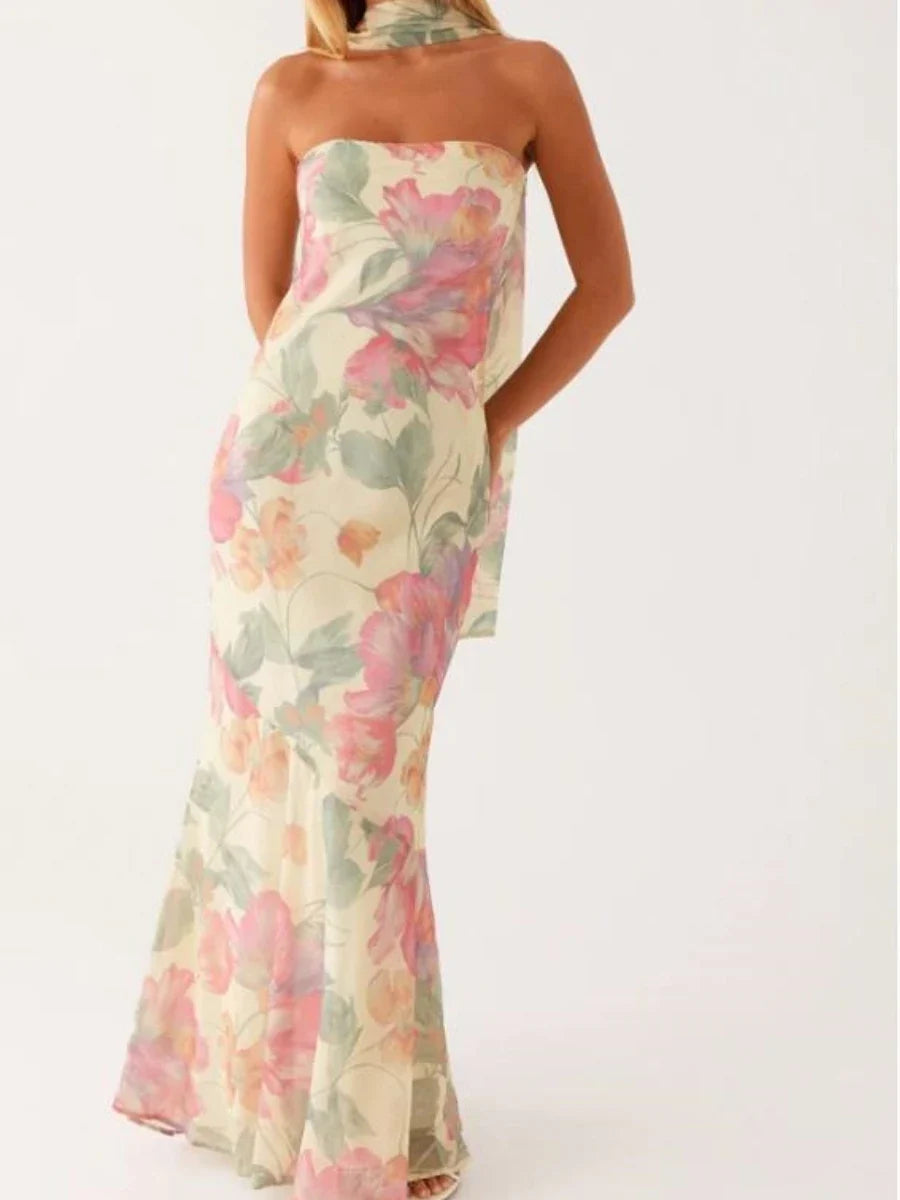 Women Long Bodycon Dress With Scarf Tube Maxi Dress Sexy Summer Strapless Dresses Off Shoulder Sundress Evening Vestidos