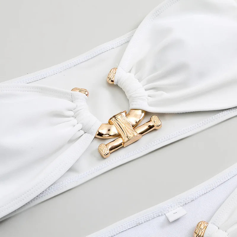 Luxury Metal Designer High Waist Bikinis Sets Women Solid White Black Bandeau Push Up Swimwear 2024 Bathing Suit Thong Swimsuit
