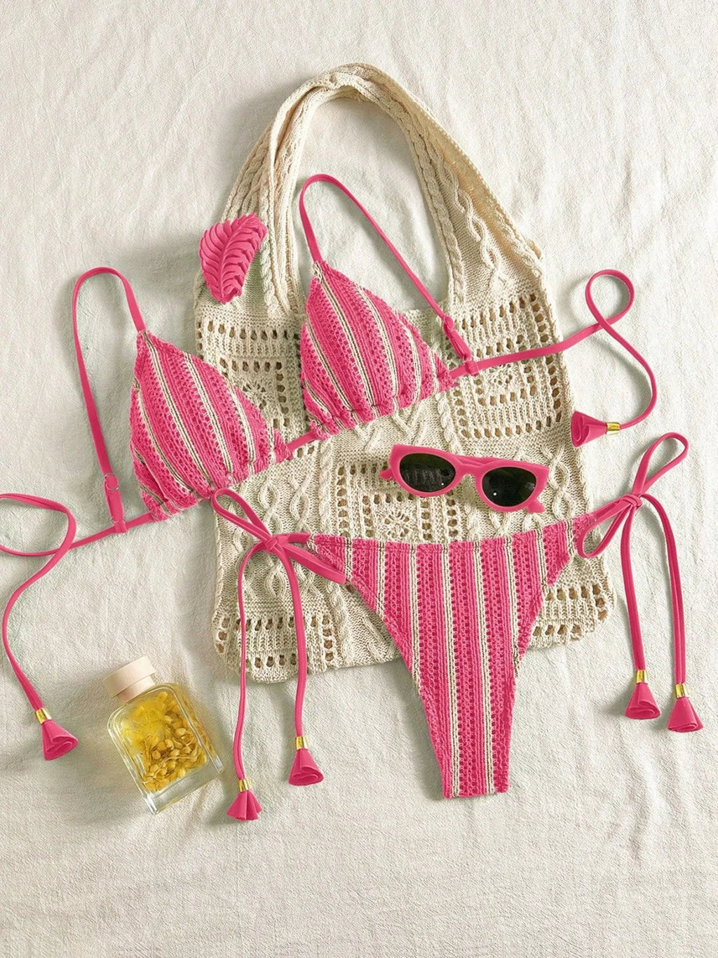 Sexy Orange Striped Bikini Set 2026 Women Halter Push Up Bra Tassel Bandage Thong Swimsuit Summer Holiday Bathing Suit Swimwear