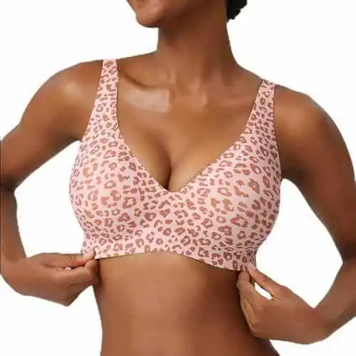 Women's Wire-Free Seamless Leopard Print Bra Soft Support Full Cup Thin Mold Bra Beautiful and Breathable Supportive Plus Up Bra