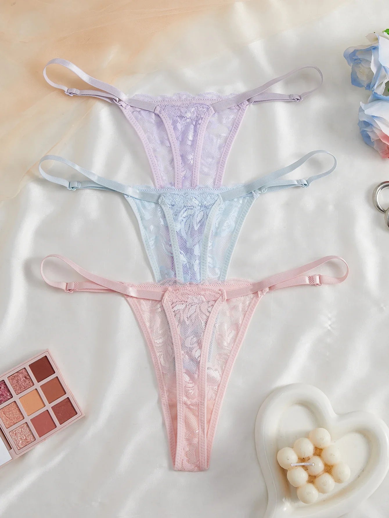 3-Pack Women's Sexy Lace Panties Underwear, Adjustable Strap Floral Lace Sheer Mesh Sexy Thong