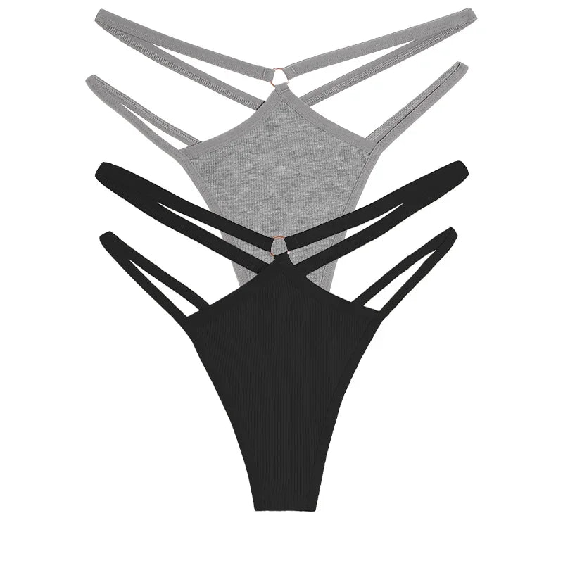 2PCS Women Sexy Cotton Panties Two Belts Hollow Out G-String Thongs Breathable Underwear for Female Solid Color Lingerie S-XL