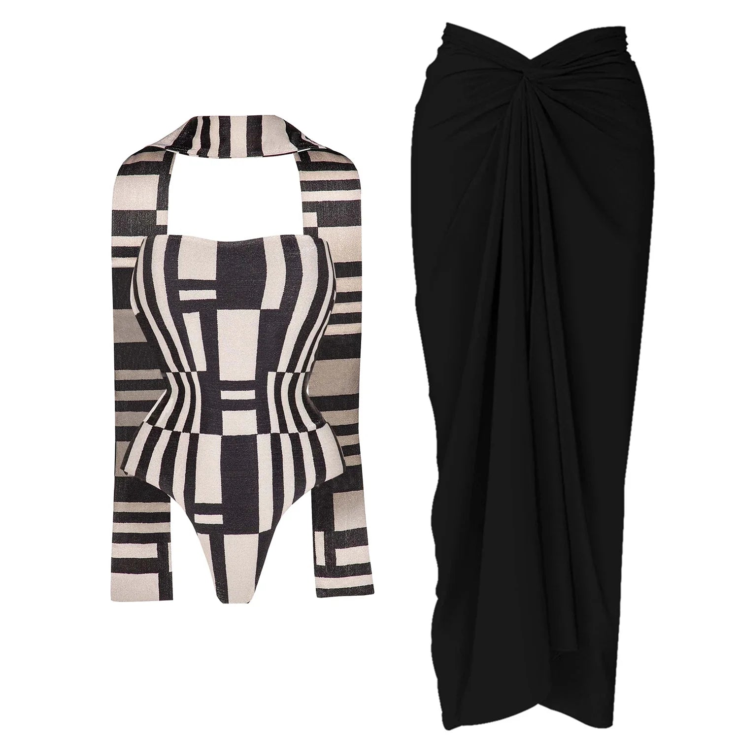 2Pcs Black White Swimsuit 2026 Bandeau Biquini Women Sexy Bikini Push Up Swimwear Female Patchwork Dress Bathing Suits Beachwear