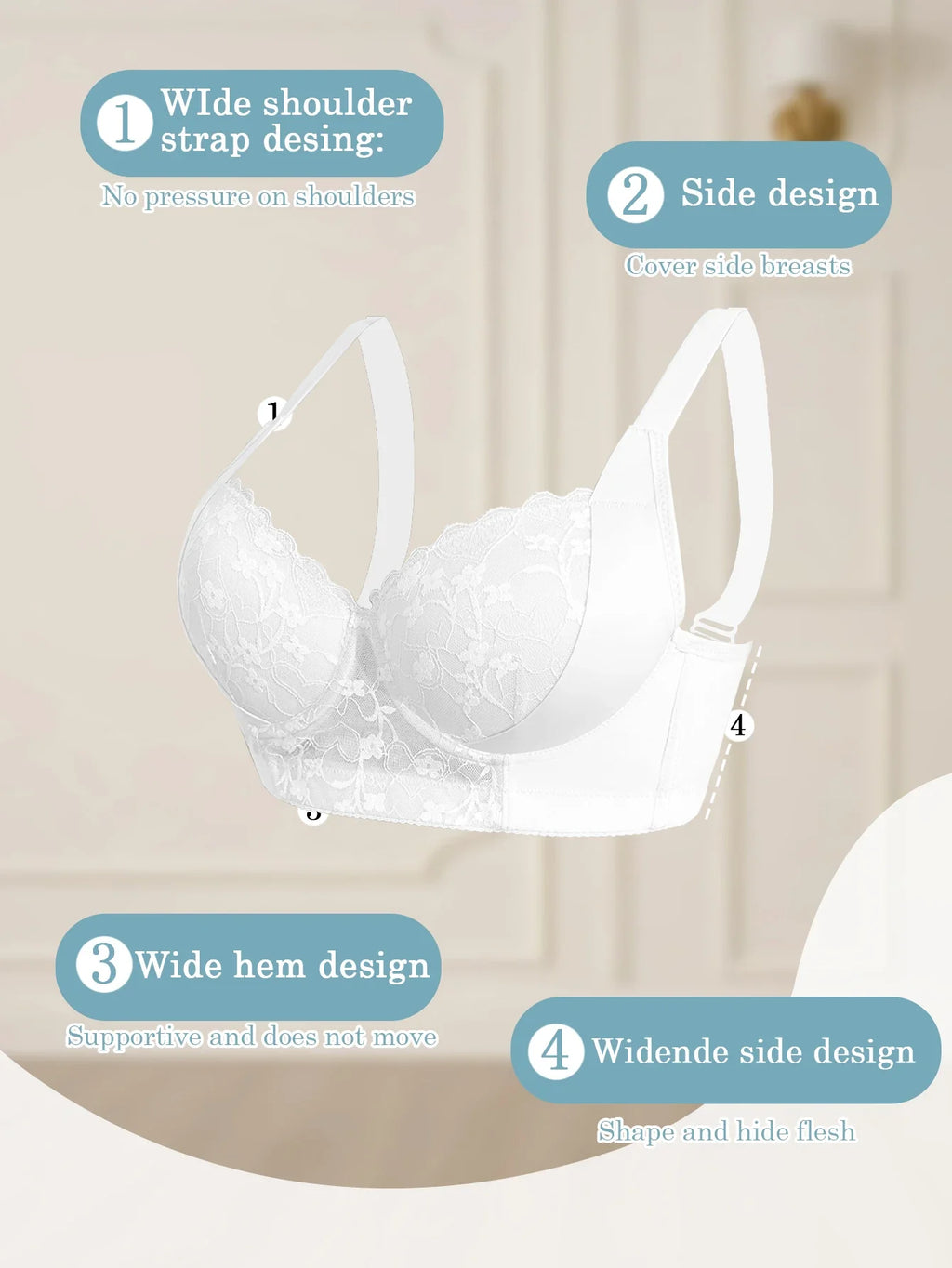 Sexy Women's A B C D Cup Large Size Lace Bras, Lace Splicing Underwire Bra, Push-Up and Side Breast Minimizing, Comfortable Women's Lingerie Bra