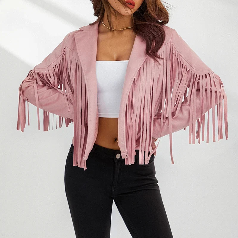 Women Spring Autumn Slim Long Sleeve Open Front Coat Solid Color Collared Jacket with Tassels Black/ Coffee/ Pink