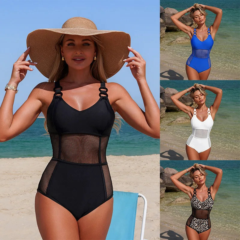 Sexy Black White One Piece Swimsuit 2026 Women Circle Strap Mesh Patchwork Slim Tummy Control Swimwear See Through Bathing Suits