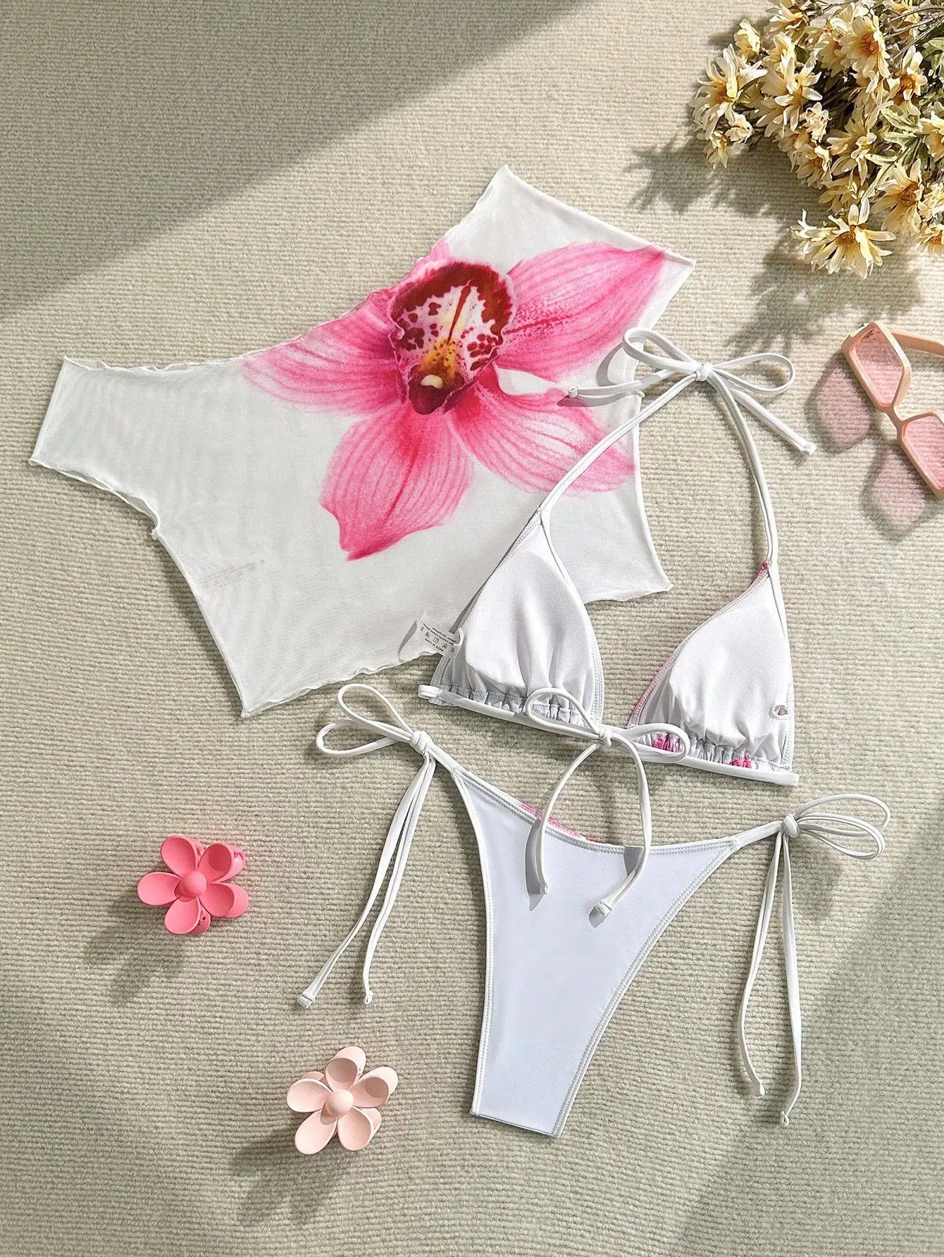 Sexy Pink Floral Print Short Sleeve Cover Up 3 Piece Bikini Set 2026 Women Push Up Thong Swimsuit Holiday Bathing Suit Swimwear