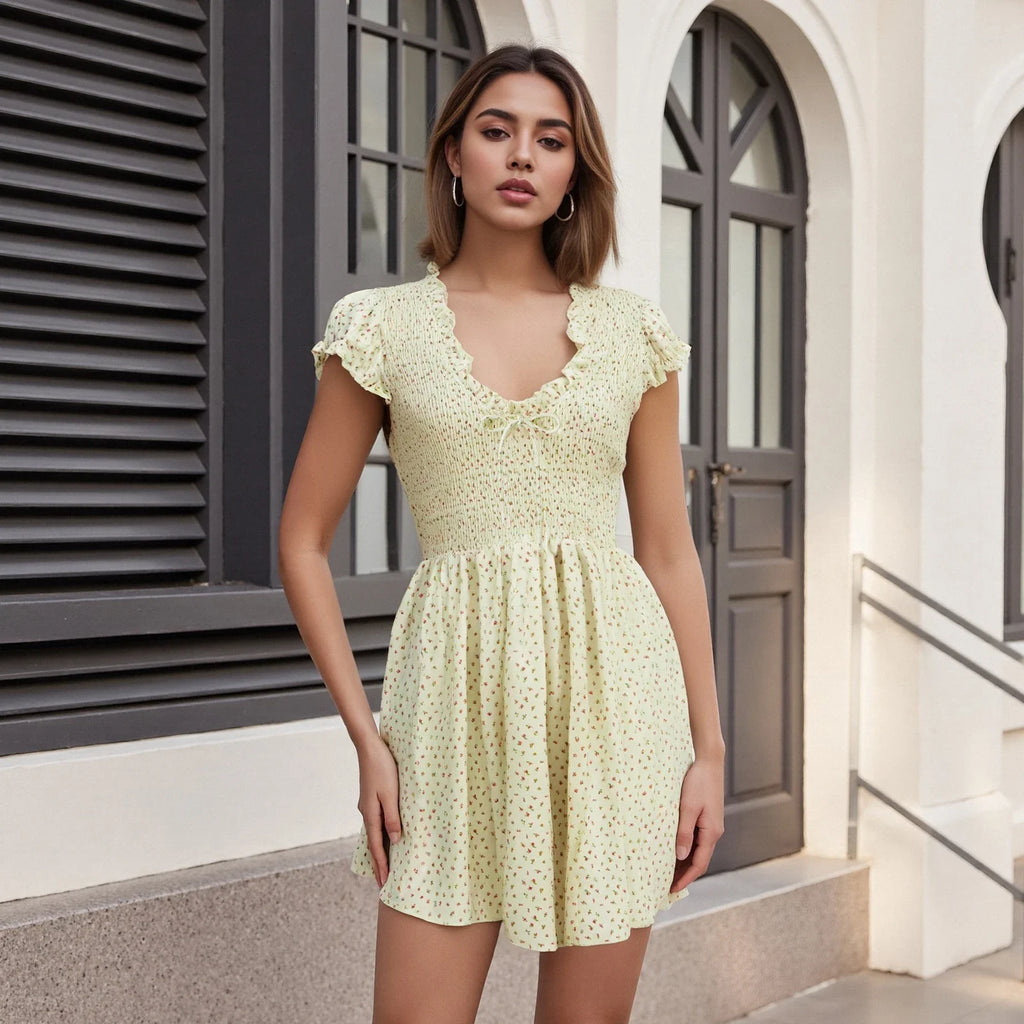 Summer Plaid Rompers Mini Dress for Women Fashion Short Sleeve Sexy Deep V Neck Smocked Waist Slim Plaid Playsuit Jumpsuits