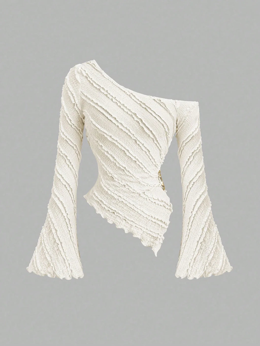 Women's Casual Textured Fabric Asymmetric Hem Flared Sleeves Blouse Commute Side Metal Decor One Shoulder Tops Spring/Fall 2026