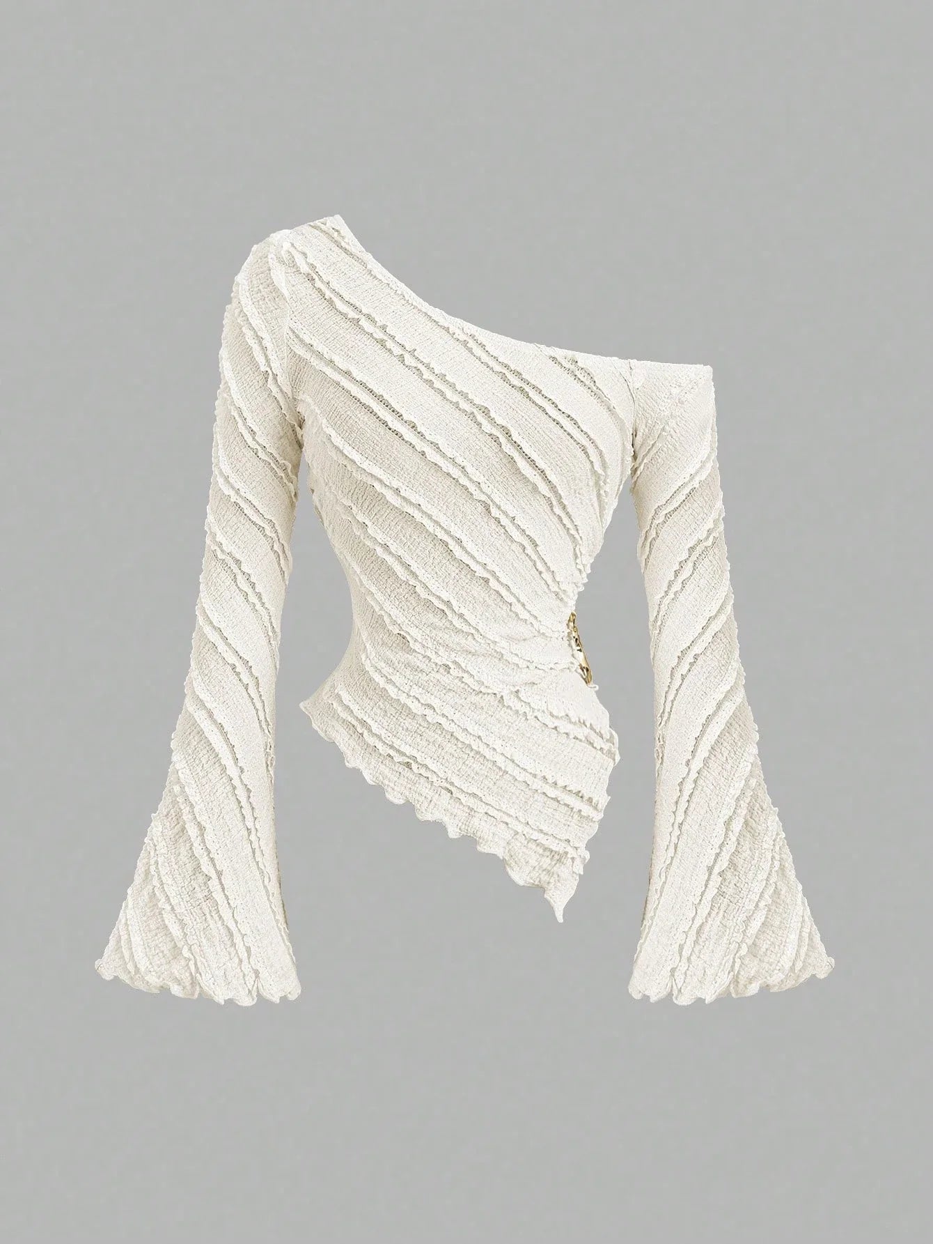 Women's Casual Textured Fabric Asymmetric Hem Flared Sleeves Blouse Commute Side Metal Decor One Shoulder Tops Spring/Fall 2026