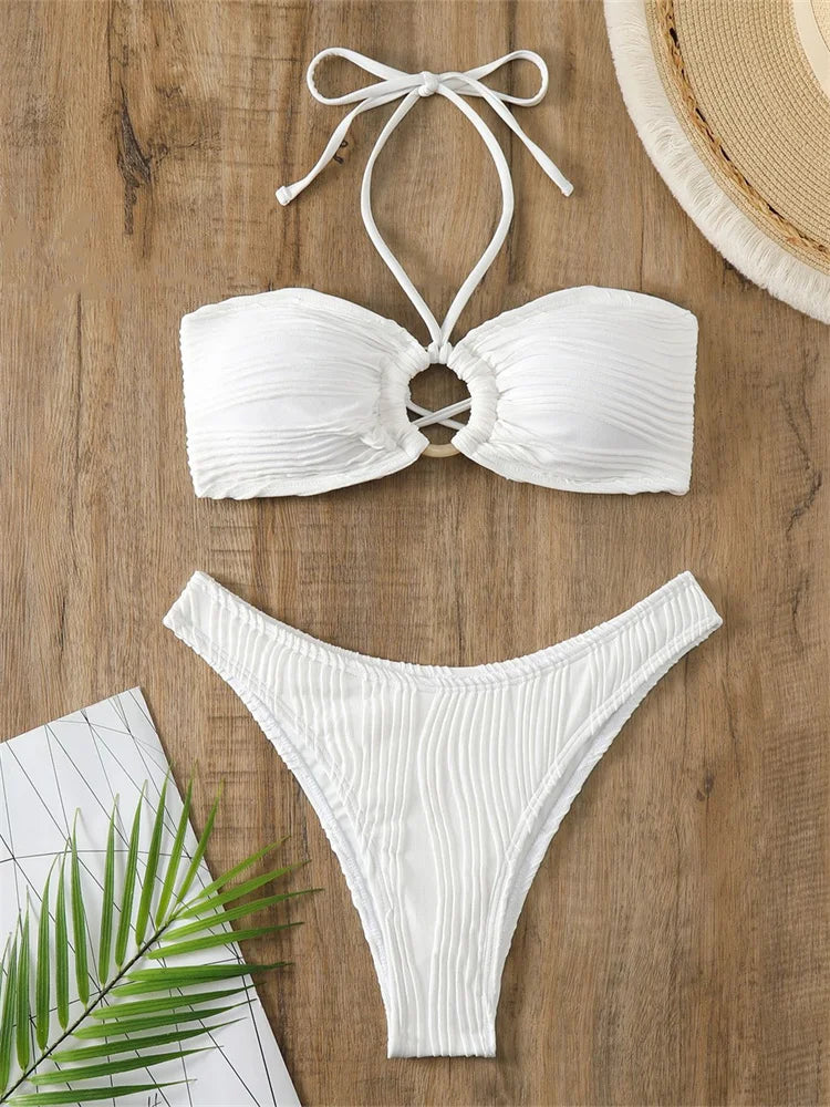 Sexy Bikini 2026 Women White Ring Linked Hollow Out Push Up Micro Swimsuit Brazilian Bandeau Bathing Suit Bandage Thong Swimwear