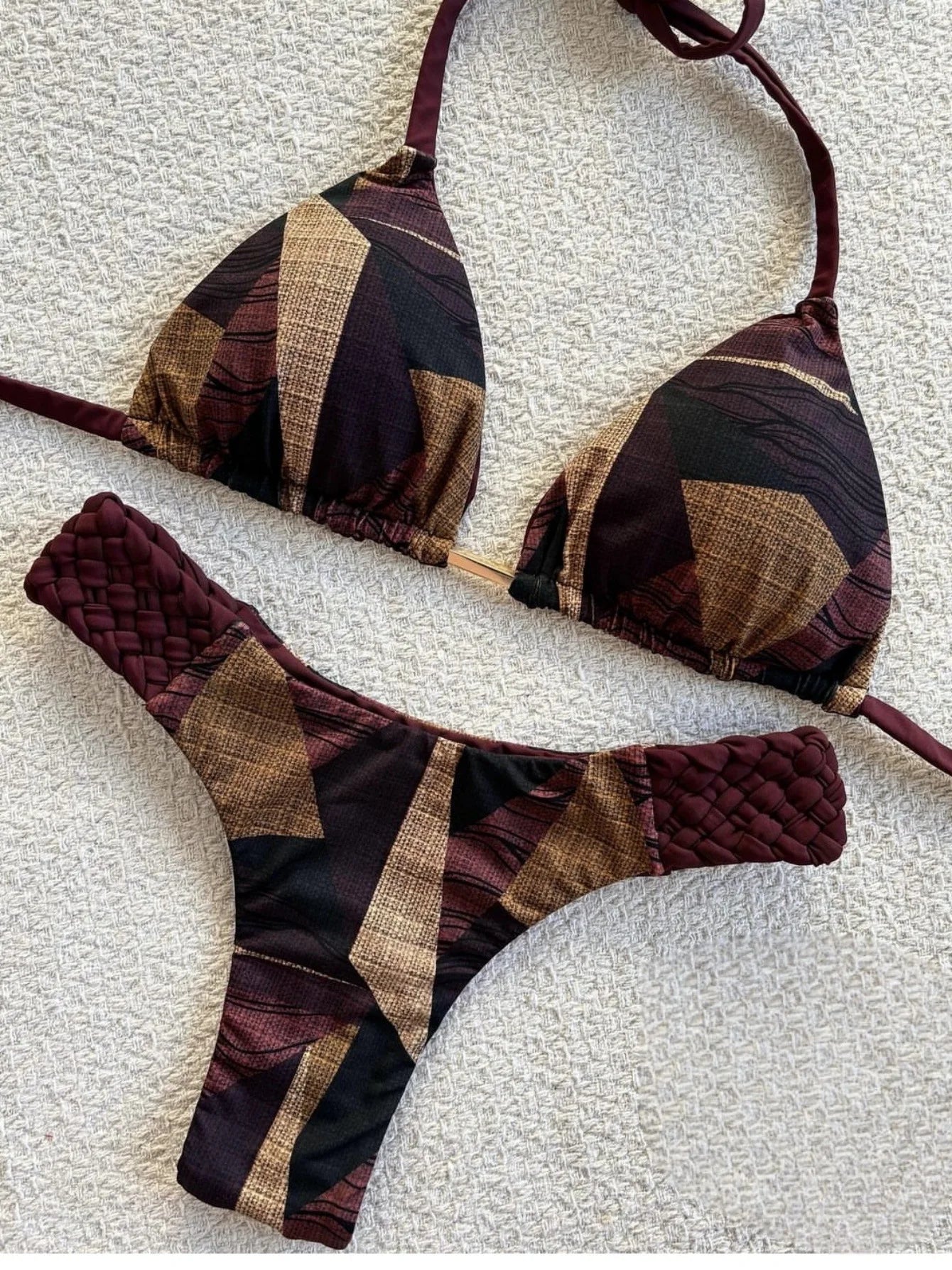 Sexy Vintage Print Bikini Set 2025 Women Orange Cut Out Weave Thong Swimsuit Bather Bathing Suit Two Piece Swimwear Biquini