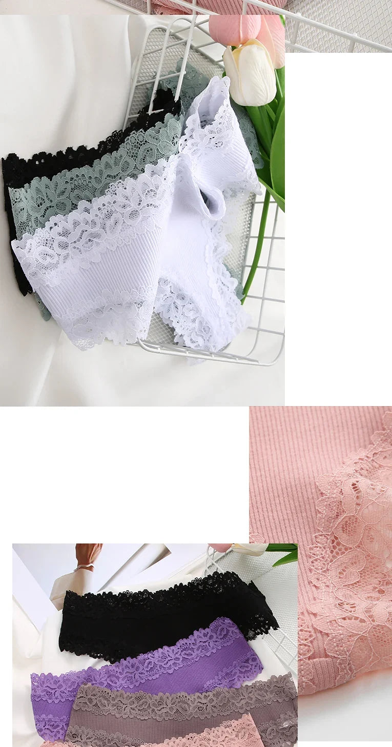 3Pcs Sexy Women Cotton Brazilian Pants Lace Brazilian Briefs Low Waist Floral Solid Color G-string Breathable Soft Lingerie
