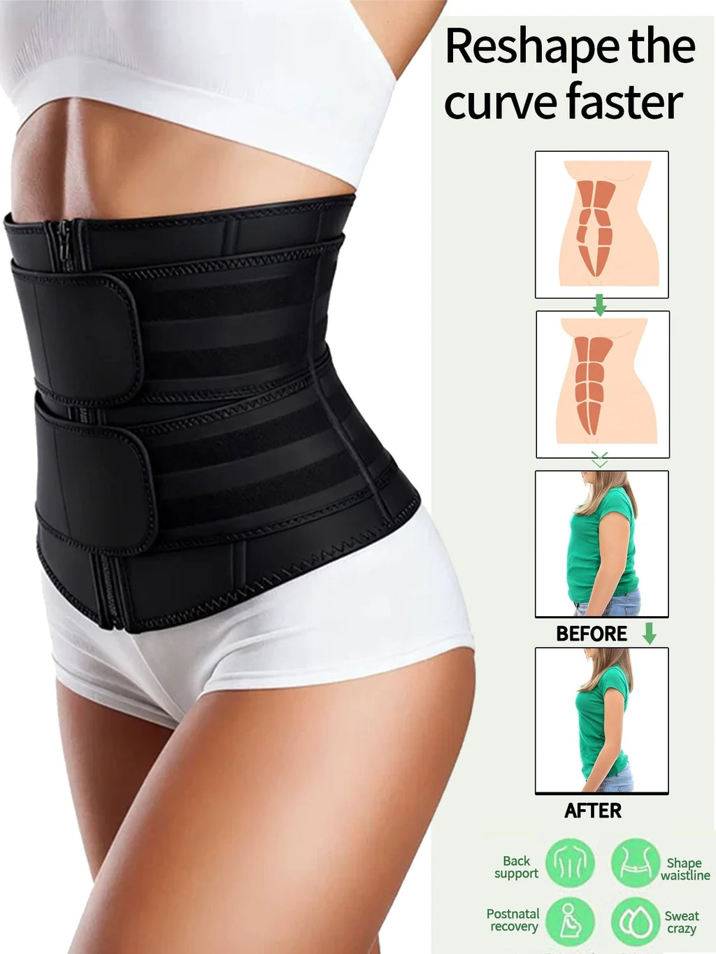 Women's Waist Trainer, Waist Tightening Bodywear Zipper Shapewear Belt, Slimming Fitness Black Shapewear