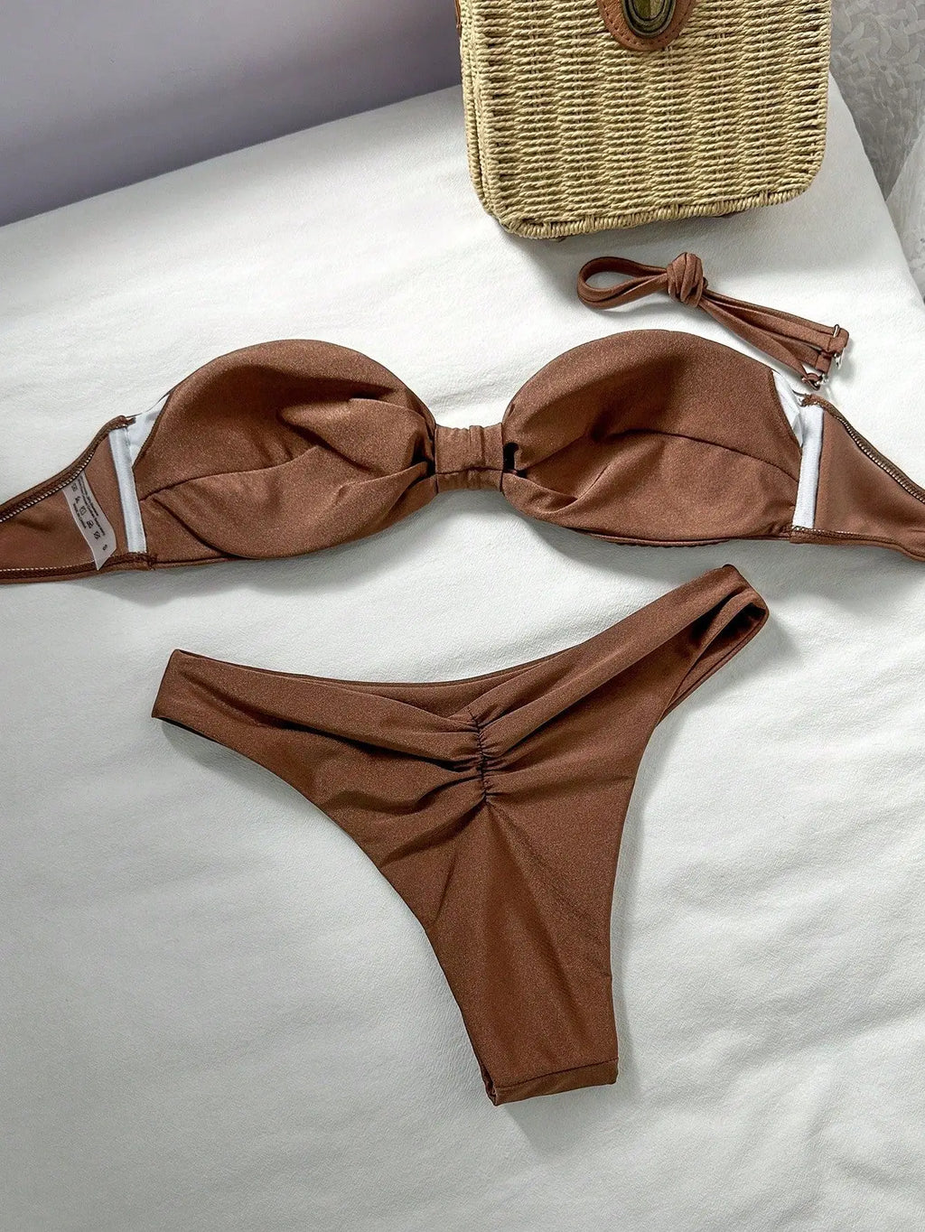 Sexy Bandeau Bikini 2026 Women Coffee Braiding Rope Pleate Tie Push Up High Waist Swimsuit Beach Holiday Bathing Suit Swimwear