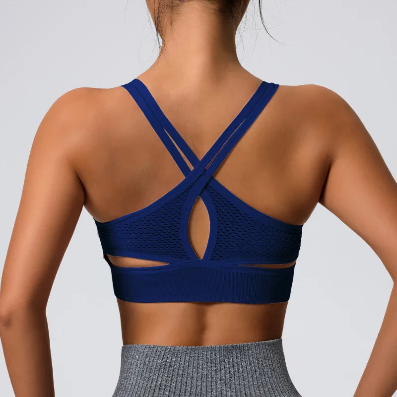 Color-blocked Yoga Top with Cross-straps Yoga Bra Stretchy Comfortable Breathable Sports Vest Wire-free Bra