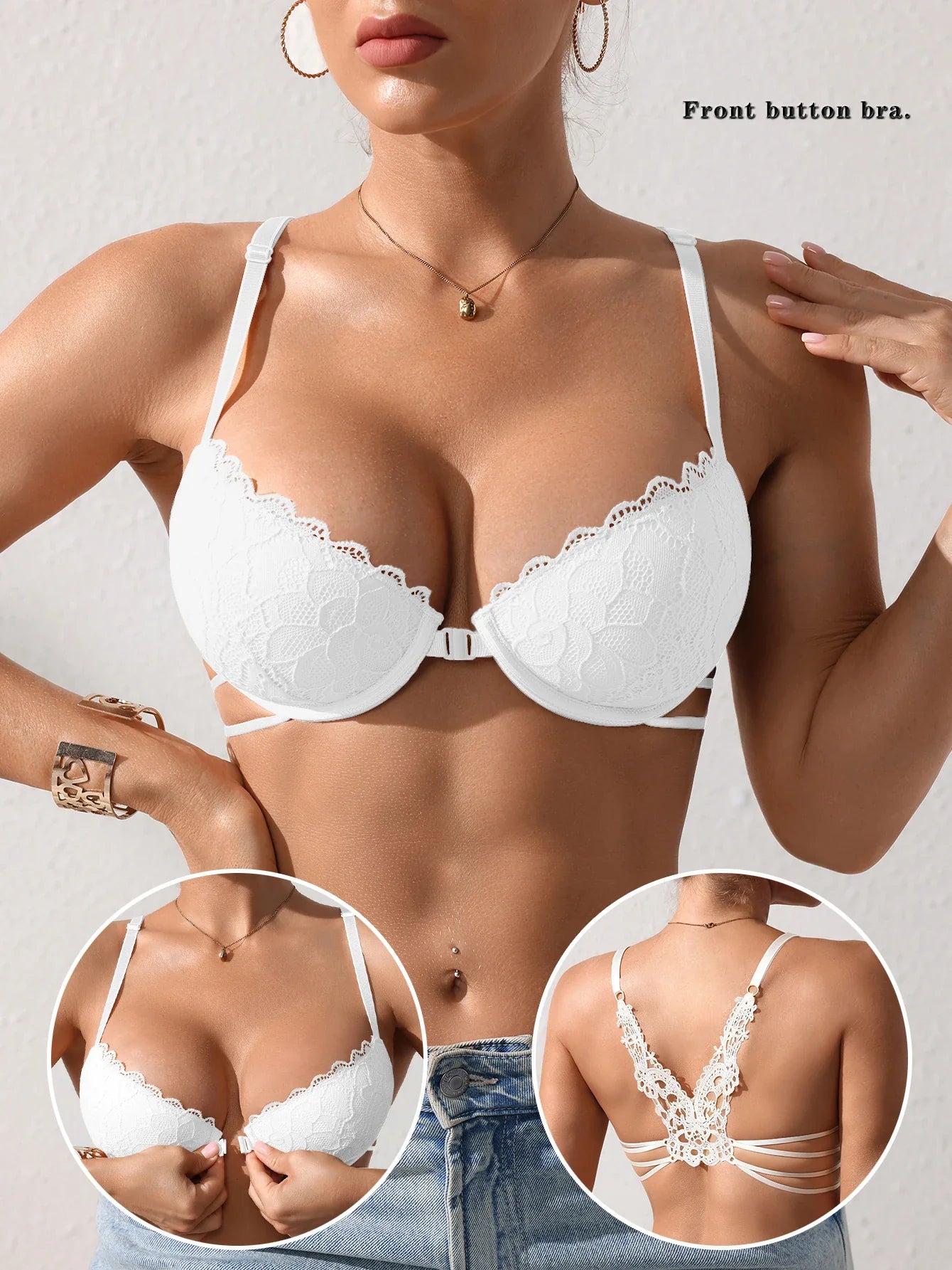 Women's Lace Butterfly Back Beauty Push up Sexy Bras Modern Trend Solid Color Front Buckle Bra for Woman