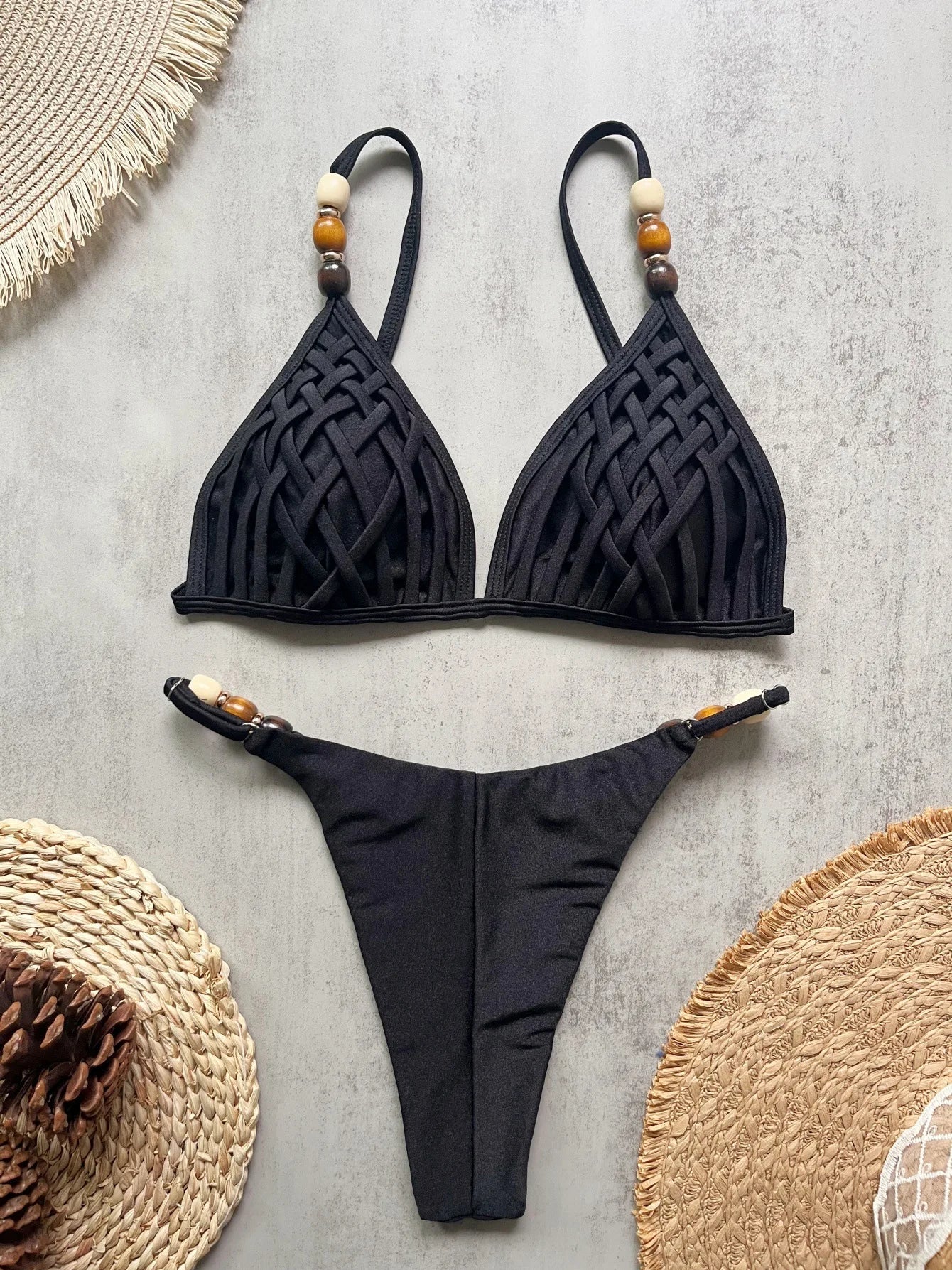 Sexy Brown Bikini Set 2026 Women Pearls Strap Hole Out Push Up Bra Thong Swimsuit Brazilian Beach Bathing Suit Micro Swimwear