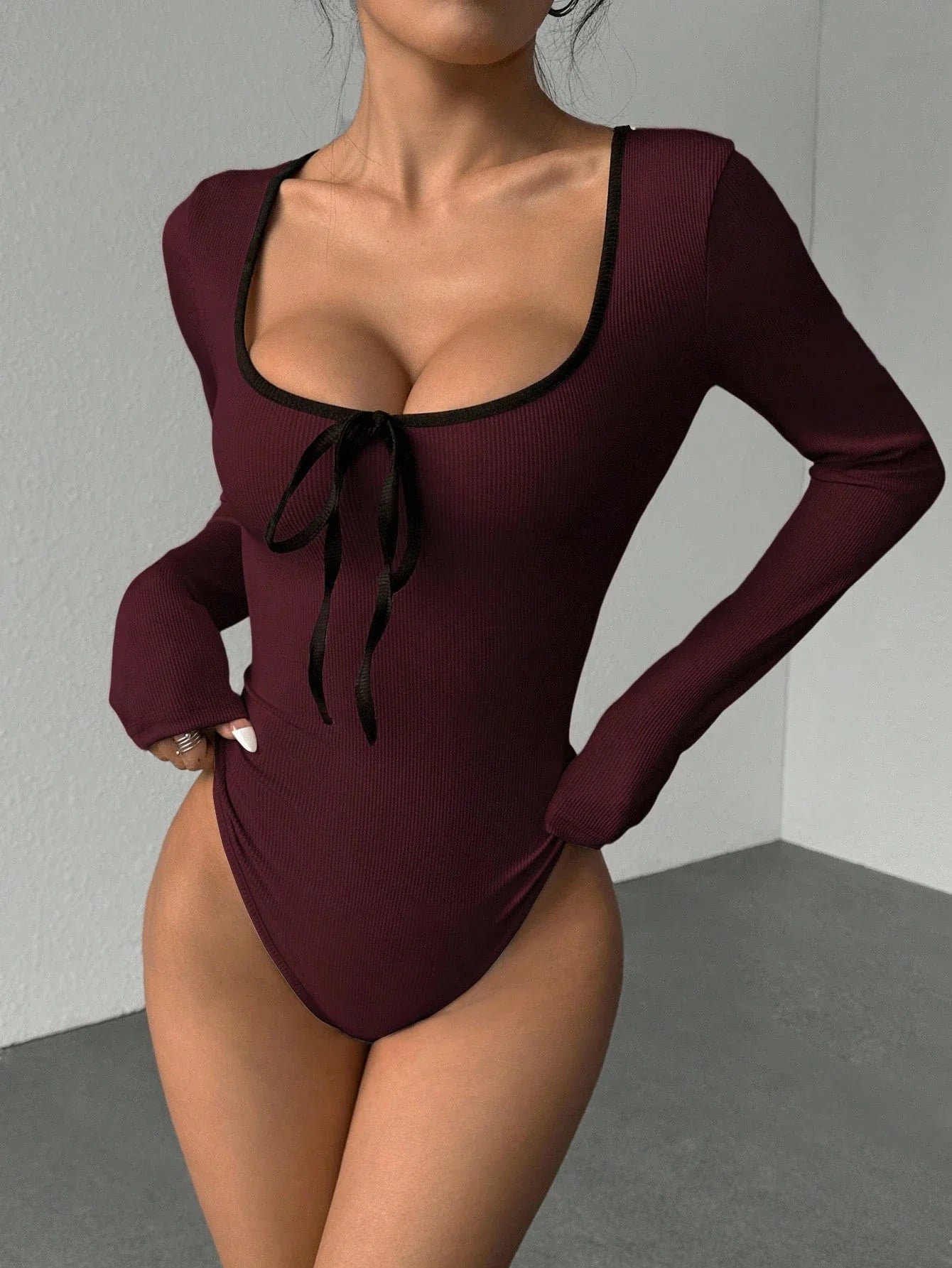 Women's Sexy U-Neck Bowknot Color Block Long Sleeve Bodysuit Casual Slim Fit Rib-knit Bodycon Spring/Fall Streetwear