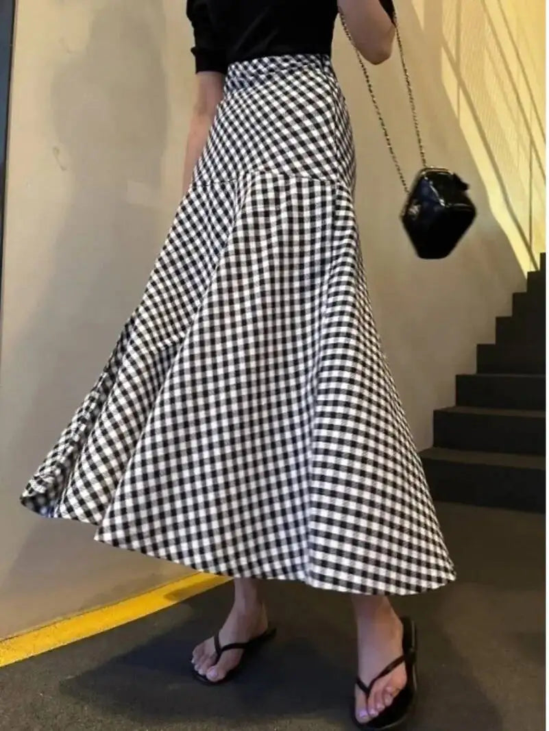 WOMENGAGA Korea Style 2023 Spring/Summer New High Waist Elegant Split Plaid Skirts Half Length Skirts Fashion Women 2023 22IV
