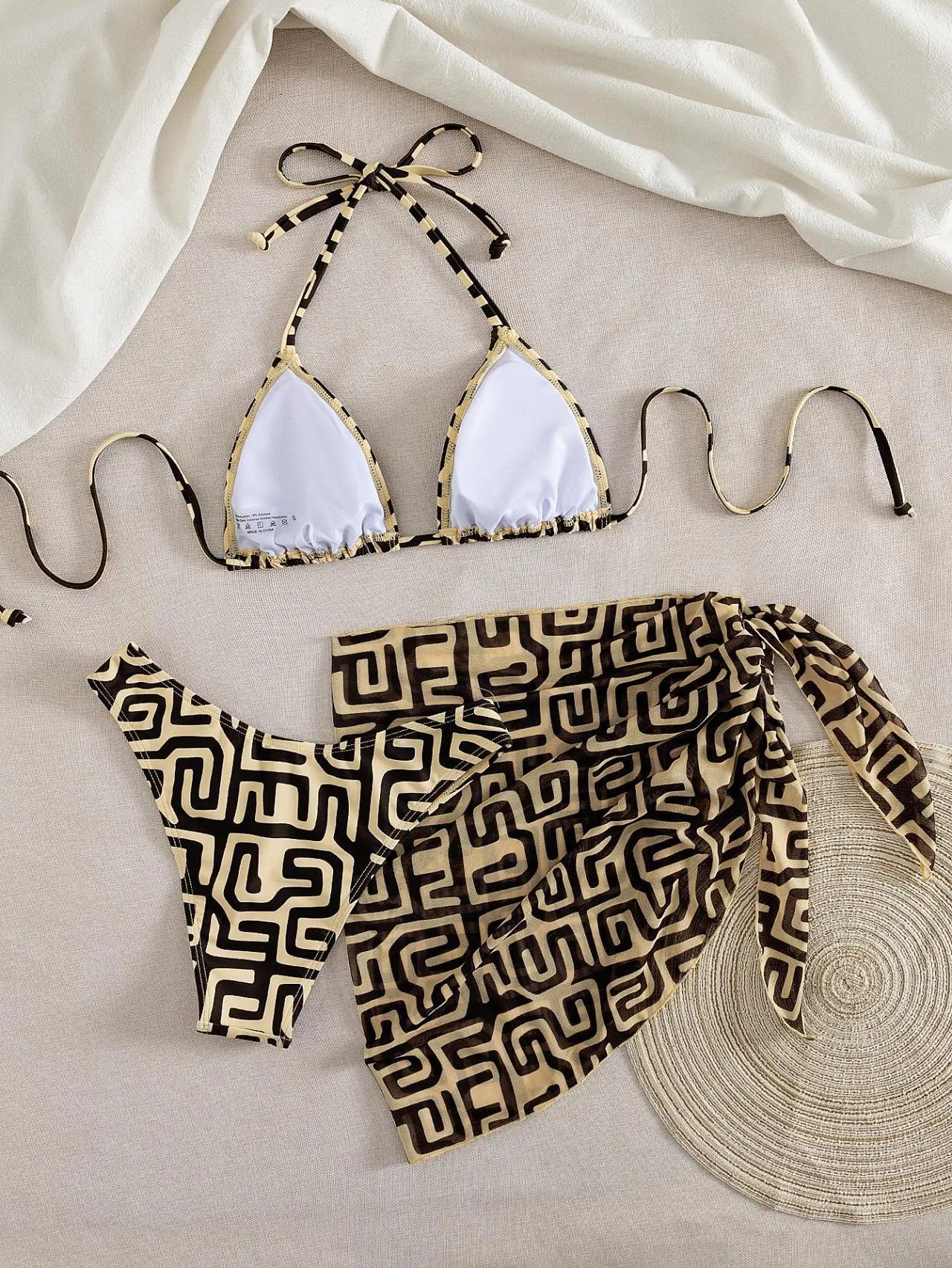 Vintage Yellow Geometry Print Bikini Set Women Halter Push Up Bra Mesh Skirt 3 Piece Swimsuit Bathing Suit Holiday Swimwear 2026