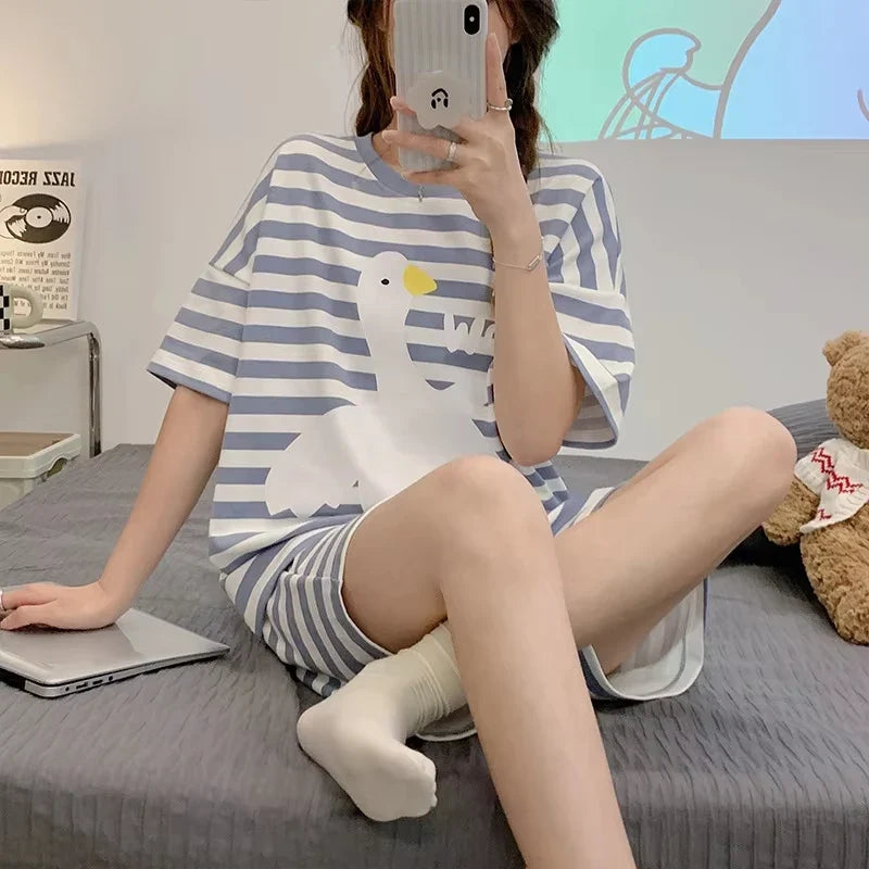 New Pajamas Female Summer Short-Sleeved Shorts Suit Korean Version of the Student Sweet Cute Cartoon Ms. Loose Homewear Suit