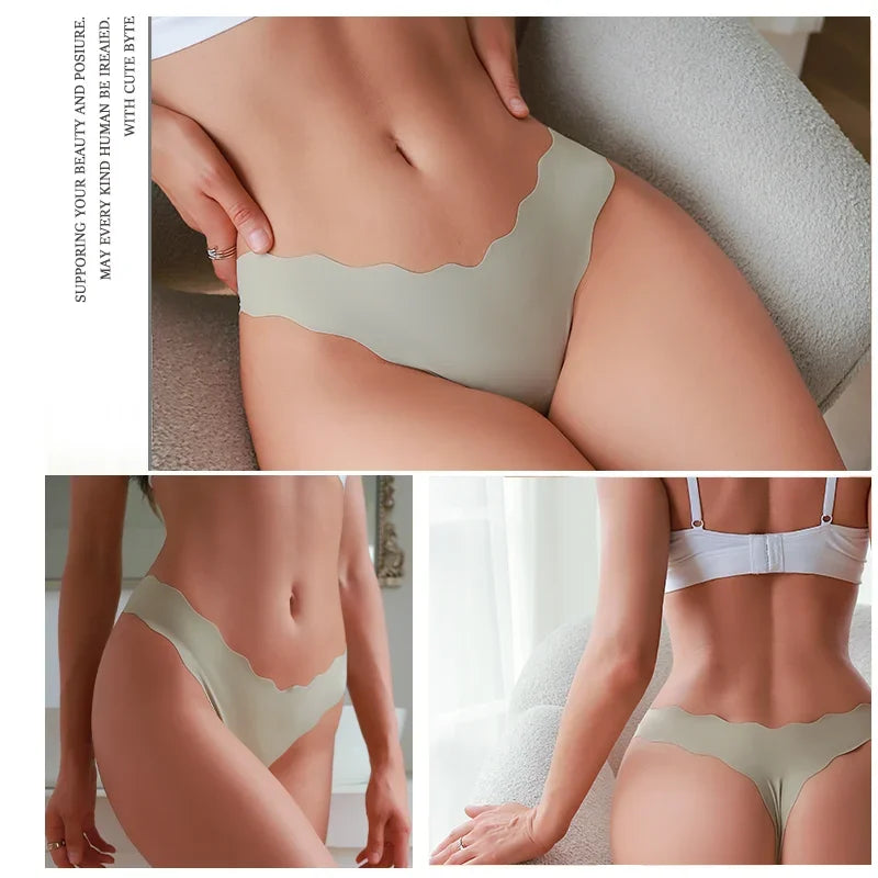 4Pcs Women Seamless Panties Wavy Design Ultra-thin Thongs Women Ice Silk Underwear Sexy Panty Low Waist G-string Female Solid