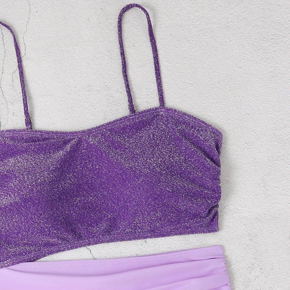 New Shiny Purple Contrast Swimsuit 2025 Women Halter Hollow Out Patchwork One Piece Swimwear Beach Bathing Suit Pleate Monokini