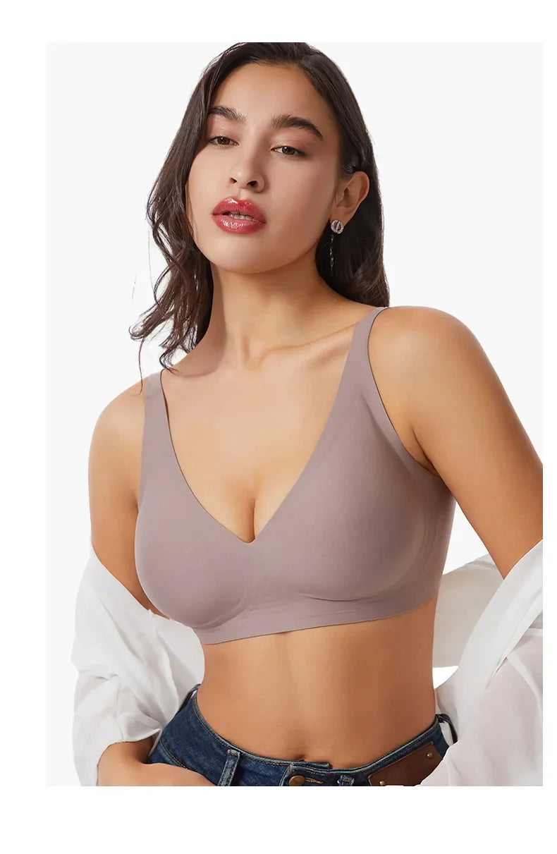 Women's Deep V Jelly Seamless Bra Wire-Free 3D Soft Support Thin Molding Leopard Print Solid Color Comfortable Bra Underwear