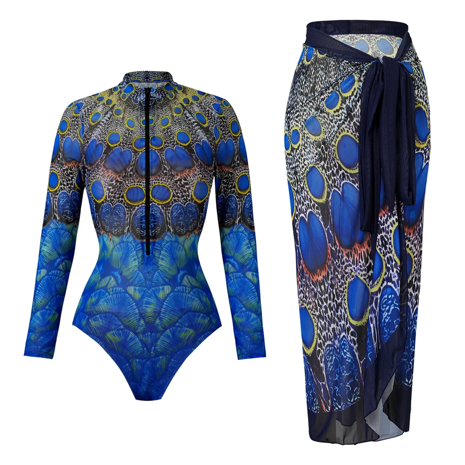 Vintage Sunscreen One Piece Swimsuit Skirt Set Women Peacock Print Long Sleeve Zipper Swimwear Beach Bathing Suit Monokini 2025
