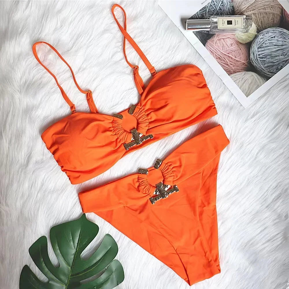 Sexy Solid Black Bikini 2024 New Women Off Shoulder High Cut Push Up Padded Rhinestone Swimwear Brazilian Bathing Suit Swimsuit