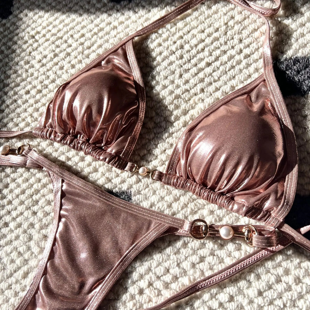 Shiny Pink Micro Bikini 2026 Mujer Women Sexy PU Pearls Push Up Thong Swimsuit Summer Bathing Suit Bandage Holiday Swimwear