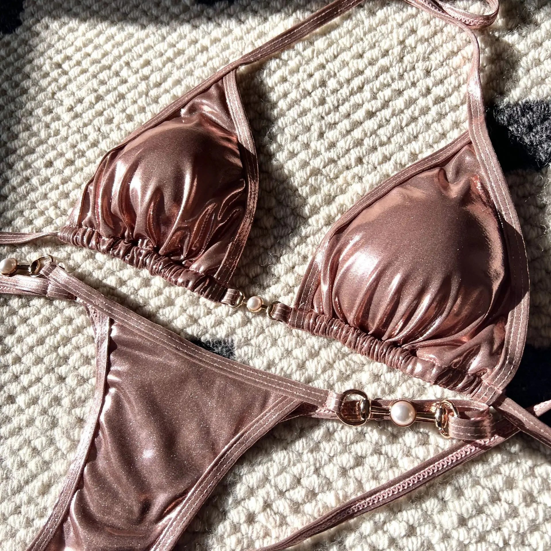 Shiny Pink Micro Bikini 2026 Mujer Women Sexy PU Pearls Push Up Thong Swimsuit Summer Bathing Suit Bandage Holiday Swimwear