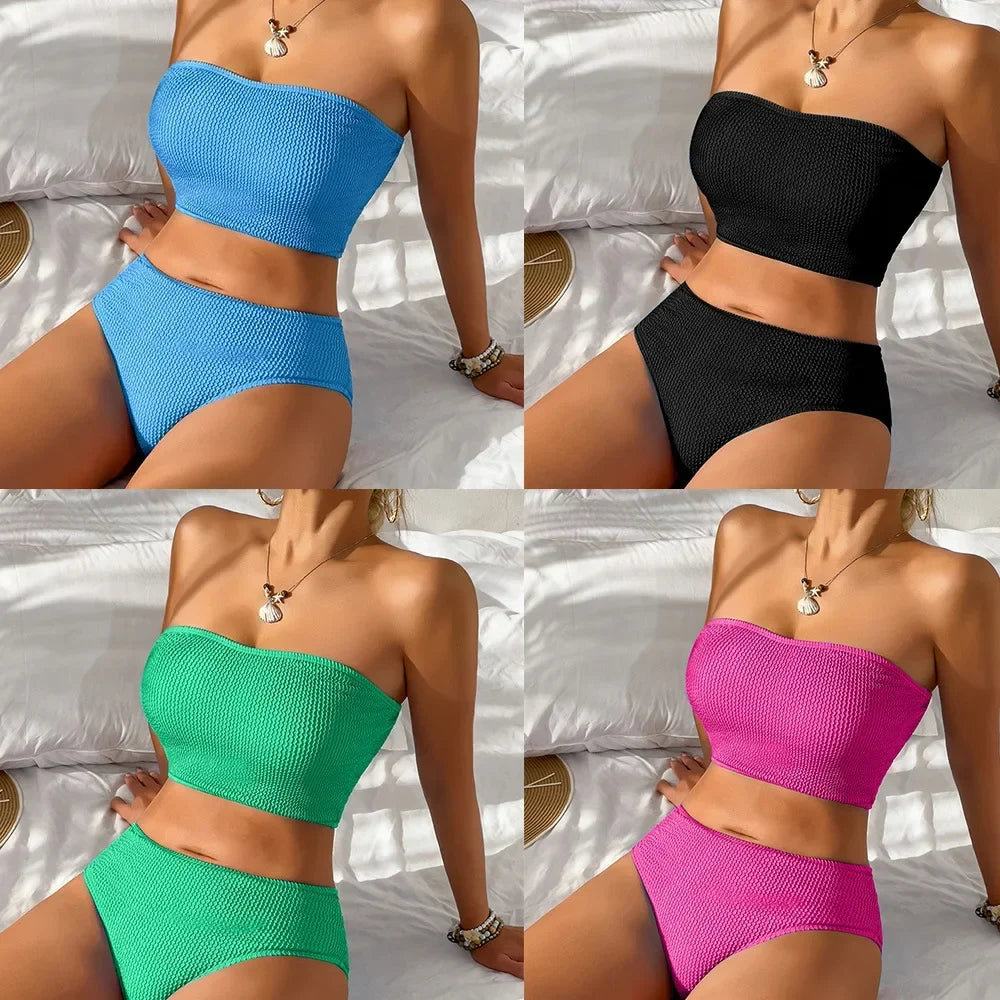 Sexy Bandeau Bikini 2025 Mujer Women Black Ribbed Push Up High Waist Swimsuit Summer Beach Bathing Suit Holiday Swimwear Biquini