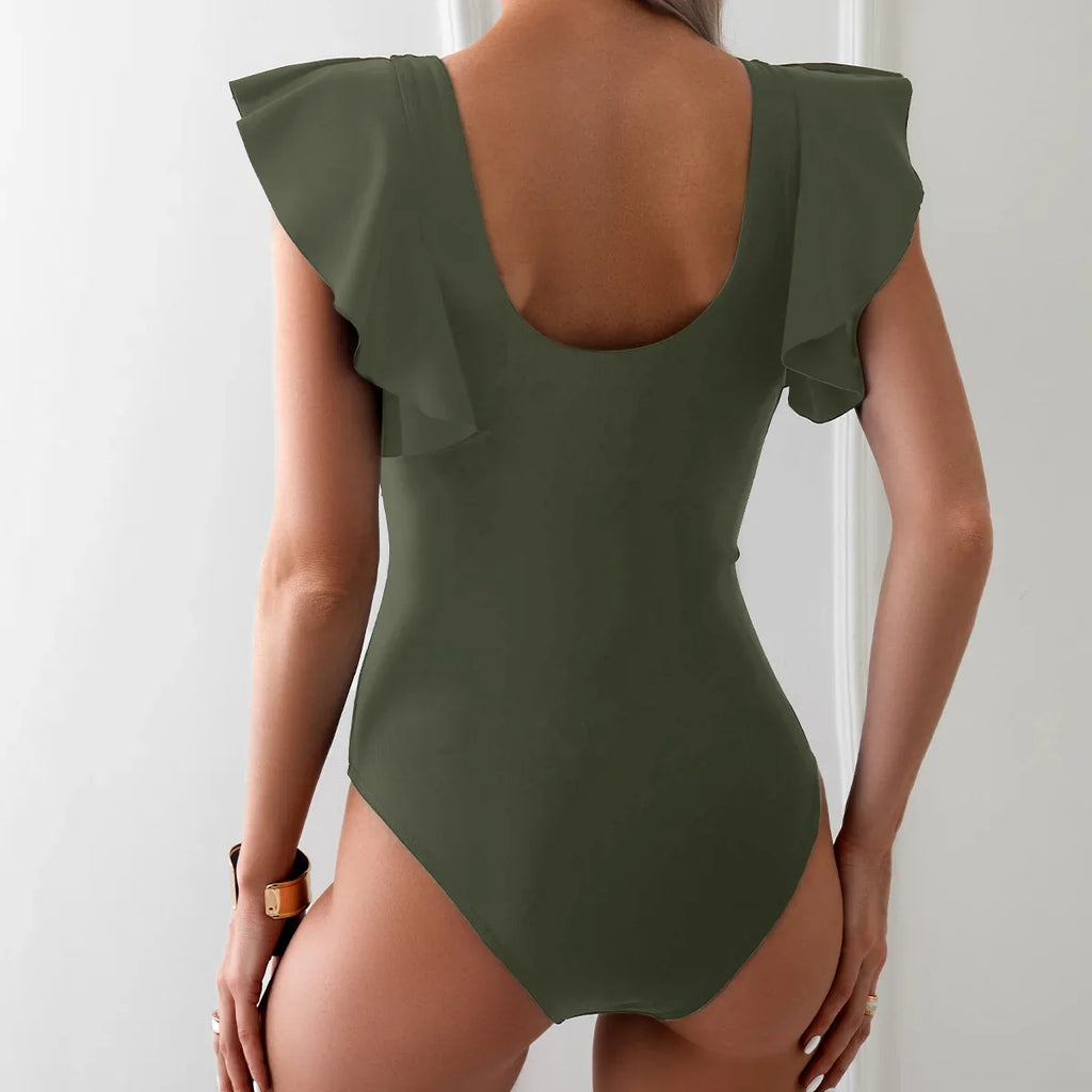 2026 Solid Women's Swimsuit Trend Tummy Control V Neck Sexy Black Bikini Ruched Bathing Suits Slim Fit Ruffle Sleeve Swimwear